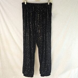 Sequin Black Sz Medium Pull On Elastic Pants Pockets Premier Amor NWT